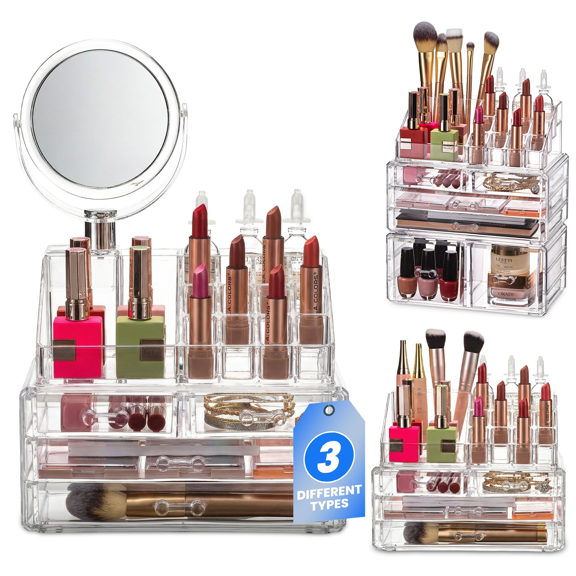 Masirs Clear Makeup Organizer with Mirror – 16-Compartment Cosmetic and Jewelry Holder, 4-Drawer Vanity Storage, Elegant Clear Design for Makeup and Accessories