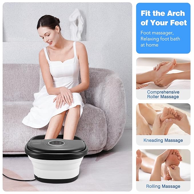 KNQZE Collapsible Foot Spa Bath with Heat & Remote Control, Bubble Massage, Temperature Control, Red Light, Timer, 16 Rollers & Pumice Stone for a Soothing Spa Experience