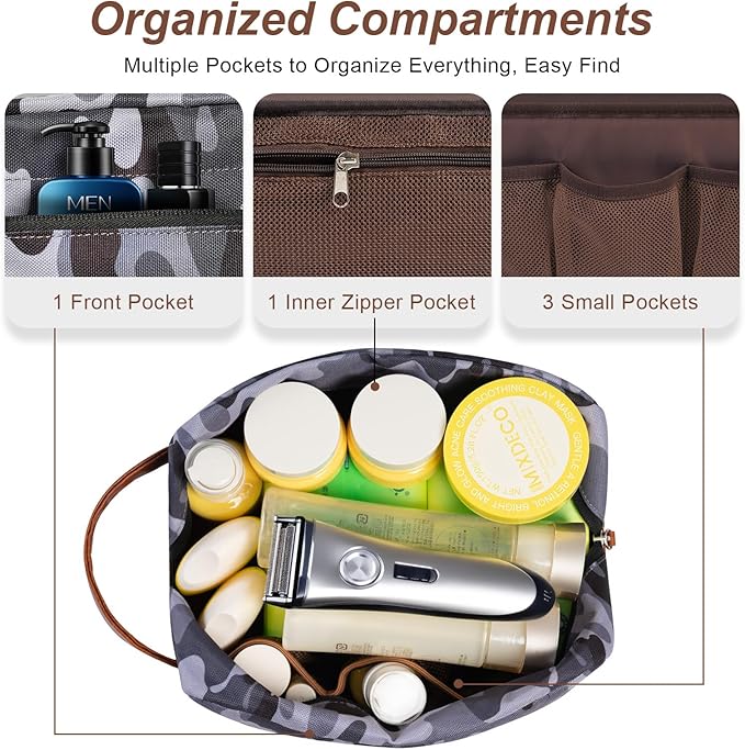 Ezday Travel Toiletry Bag for Men, Hanging Toiletry Organizer, Water Resistant Shaving Kit with Large Capacity for Travel Accessories (Camo-Gey, Medium)