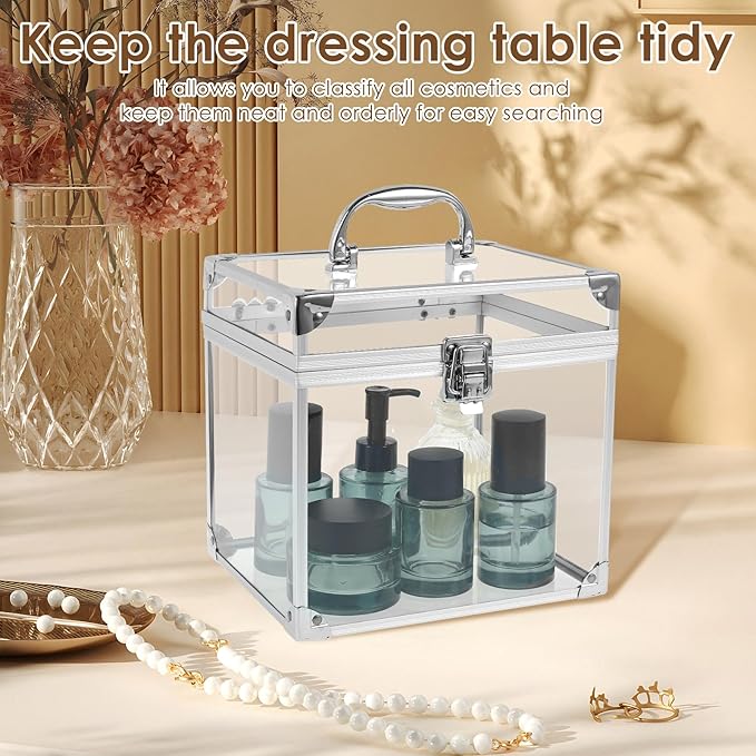 Fizocosisto Makeup Box,Clear Cosmetic Case with Latches and Handle Large Capacity Toiletry Organizer Box Travel Makeup Tools for Vanity Bathroom Counter Dresser(silver)