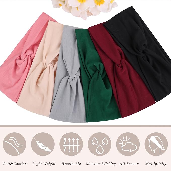 XTREND 6 Pcs Women's Headbands Twisted Cross Elastic Head Bands Yoga Workout Hairbands Non-Slip Sweat Soft Headband Solid Color Simple Versatile Hair Accessory Head Band
