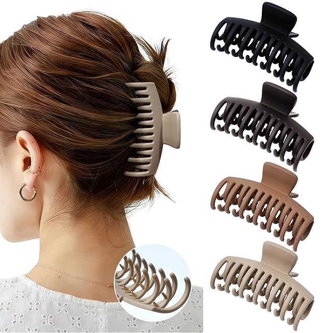 Mesovor 4 Pack Double Row Teeth Hair Claw Clips, 3.5" Large Strong Hold Matte Hair Clips for Thin and Short Fine Hair Accessories (Neutral Matte)