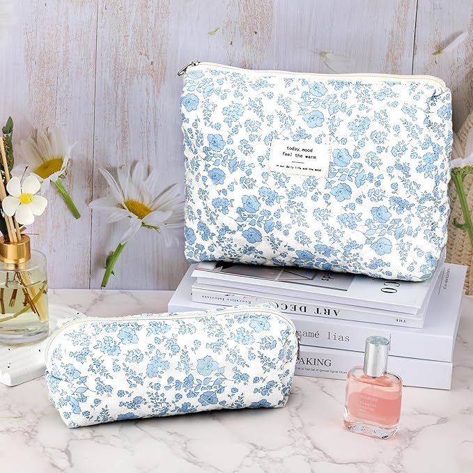 Lestp 2Pcs Quilted Cotton Makeup Bag Travel Makeup Brush Bag Large Small Pouch Set for Women Floral Coquette Makeup Bags Cute Aesthetic Cosmetic Pouch Blue Toiletry Organizer Storage Bags