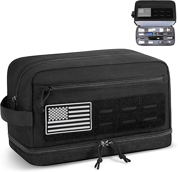 Tactical Toiletry Bag for Men, Travel Hygiene Bag with Double-layer, Large Capacity Hanging Toiletry Bags Water-Resistant Shaving Dopp Kit with EDC Molle Pouches, Bathroom Shower Makeup Bag, Black, L