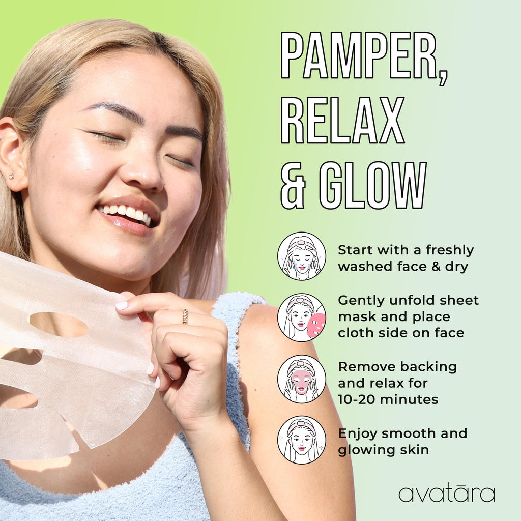 Avatara Chill Out Facial Mask 5 Sheets, Hydrating Mask, Sheet Masks, Face Mask Skincare Beauty Essential Made with Hydrating Hyaluronic Acid & Moisturizing Aloe, for Stressed-Out Skin, 5 Pack