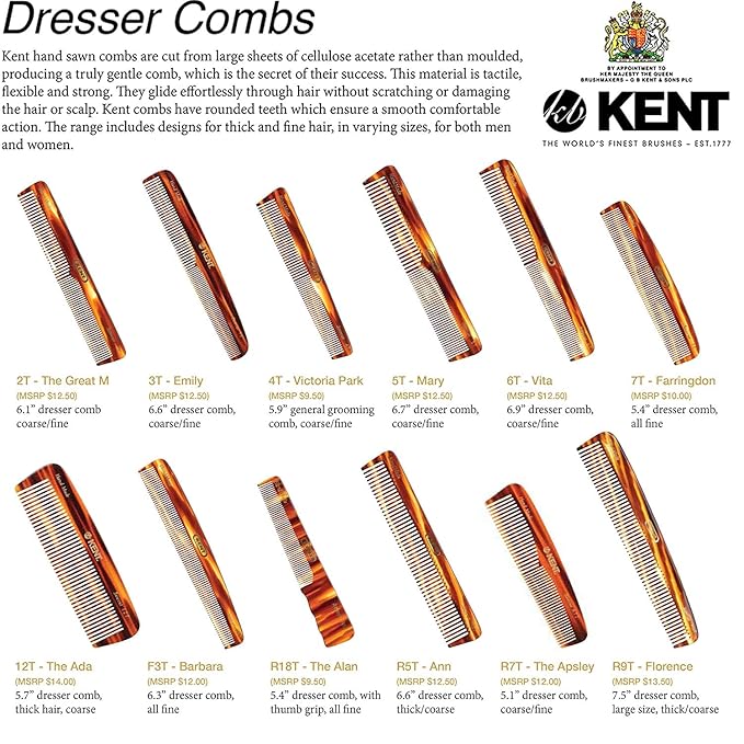 Kent 6T Fine Tooth and Wide Tooth Hair Comb, Handmade Styling Comb for Hair Care, Barber Combs, Beard Combs For Men, Styling Grooming for Men, Women and Kids
