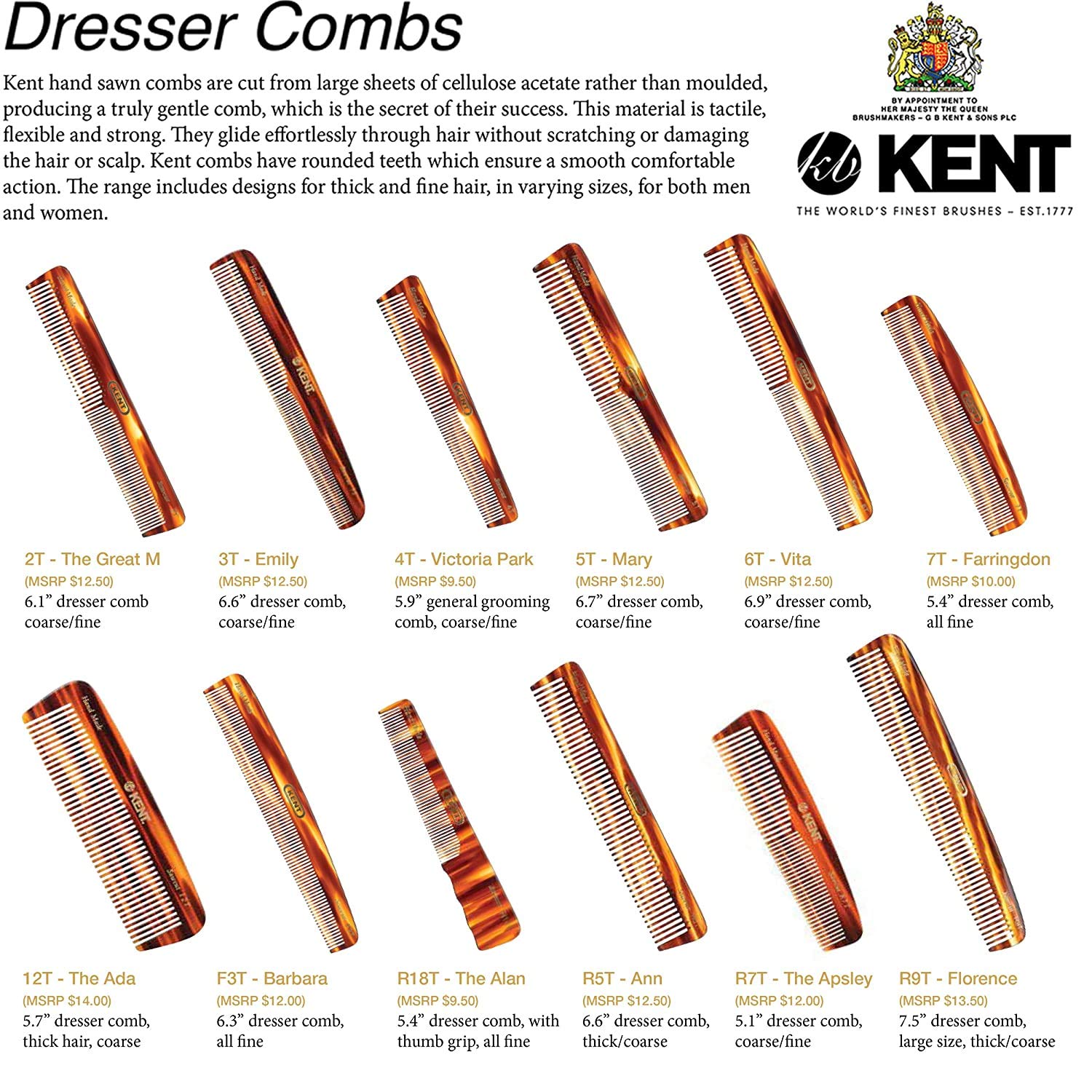 Kent 6T Fine Tooth and Wide Tooth Hair Comb, Handmade Styling Comb for Hair Care, Barber Combs, Beard Combs For Men, Styling Grooming for Men, Women and Kids