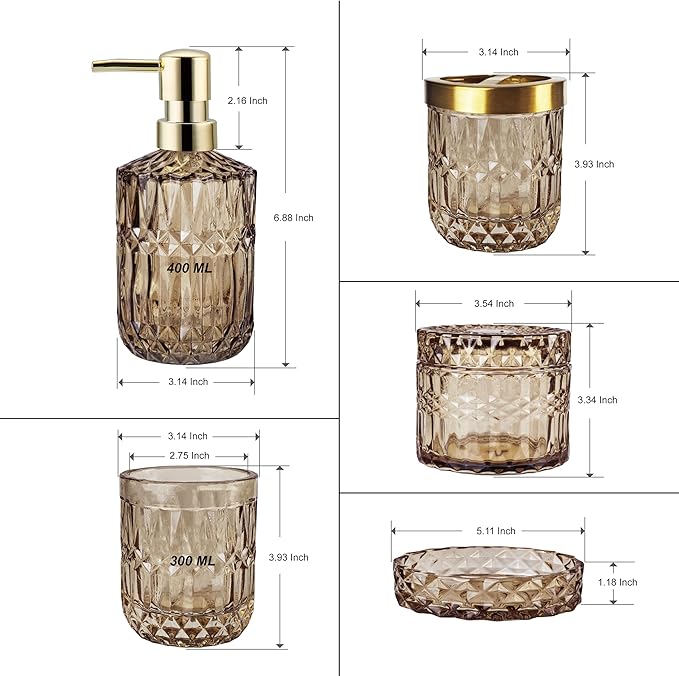 LaMarriti Brown Bathroom Accessories Set, 5Pcs Glass Bathroom Set, Soap Dispenser and Toothbrush Holder Set, Soap Dish, Qtips Holder, Tumbler for Crystal Vintage Bathroom Decor