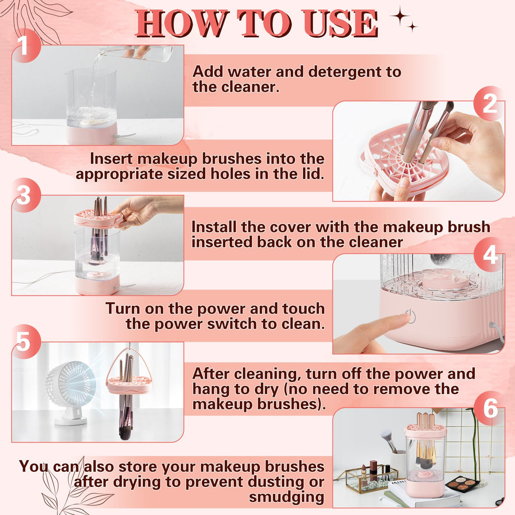Electric Makeup Brush Cleaner - Portable Makeup Brushes Cleaning Machine, Automatic Spinning Cosmetic Brushes Washer, Make Up Brush Cleaner Tools for Most Sizes Brushes and Sponges (Pink)