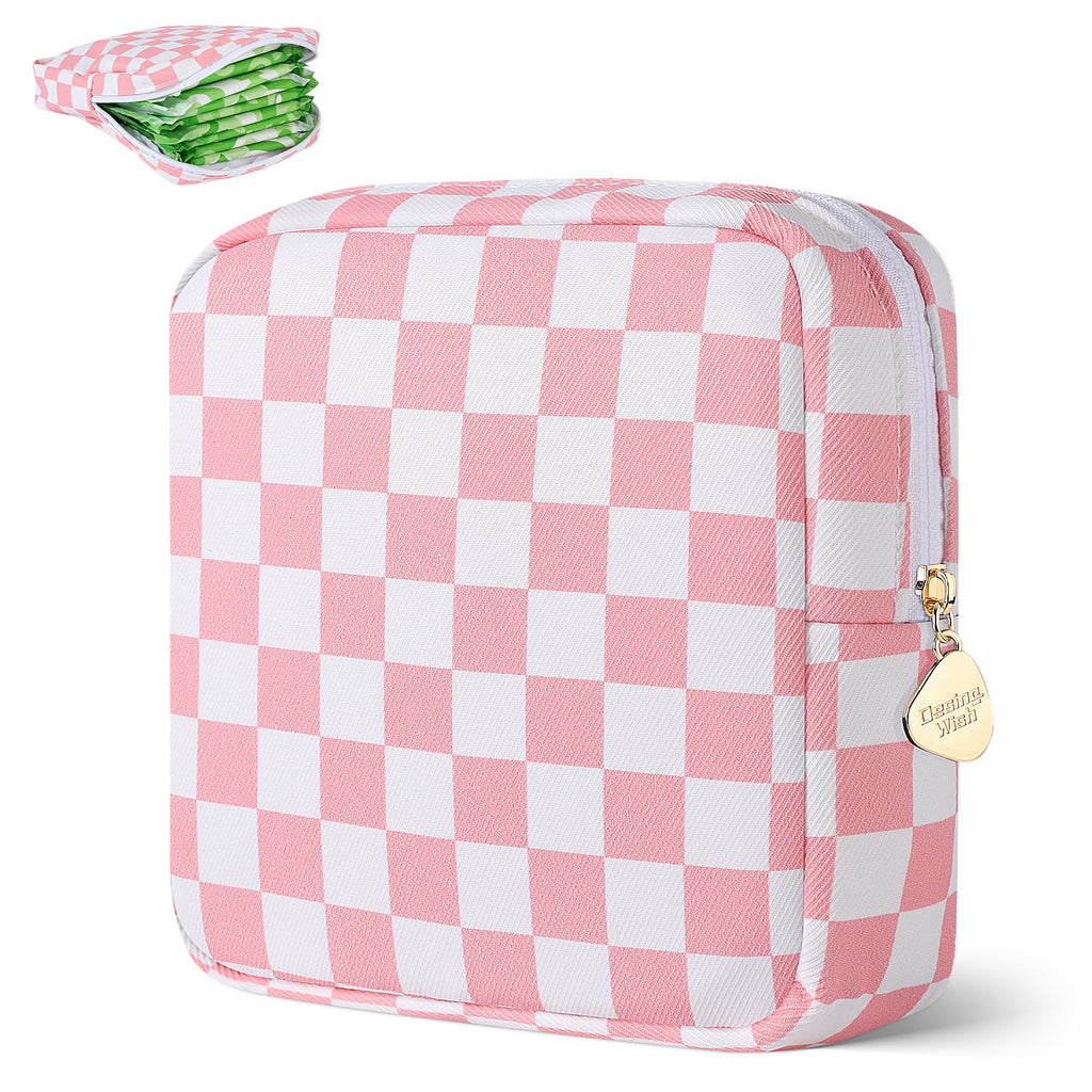 Desing Wish Sanitary Pad Storage Bag Portable Period Bag for Teen Pads/Sanitary Napkins/Small Tampons, Sanitary Napkin Storage Bag First Period Gifts for Teen Girls (Pink-White Checker)