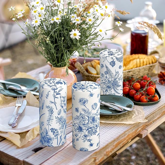 Zonon 8 Pcs Vintage Floral Round Tissues Box Car Holder with Facial Tissue Bulk Blue Flower Travel Tubes for Car with 50 Sheets Spring Cylinder Face Towel Fit for Cup Holder Round Container