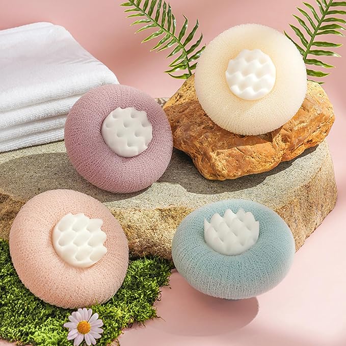 2Pcs Bath Sponge Shower Loofah, Exfoliating Body Scrubber, Upgrade Large 2-in-1 Sunflower Bath Ball with Suction Cup Non-Slip Handle, Bath Sponges for Men Women(Pink&Beige)