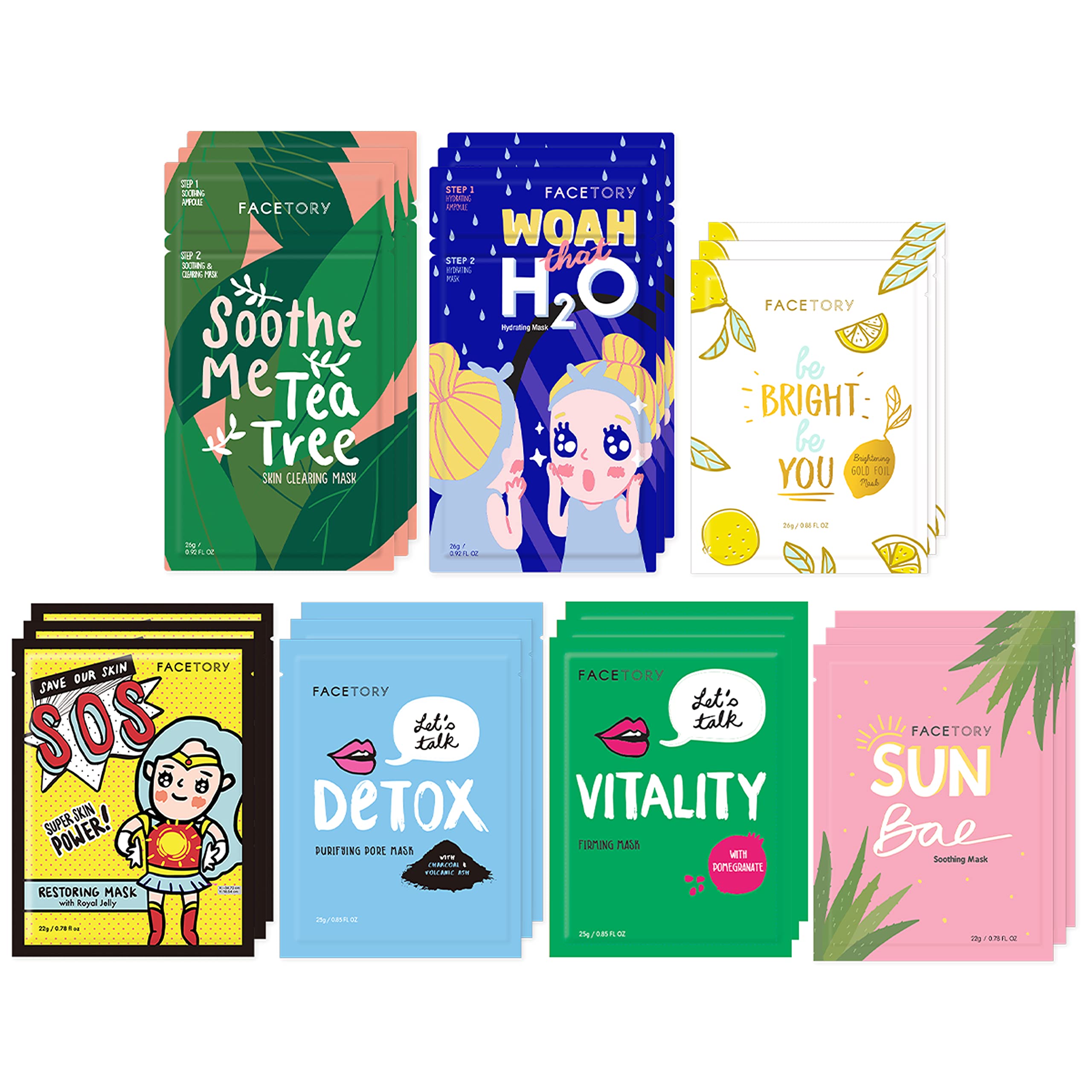 FACETORY Best of 7 Korean Face Mask Variety Pack, 21 Count