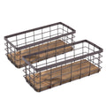 TIEYIPIN Small Metal Wire Storage Basket, Detachable Wood Base Storage Organizer Bin Basket for Kitchen Cabinets, Bathroom, Pantry, Garage, Laundry Room - Brown (2 Pack)