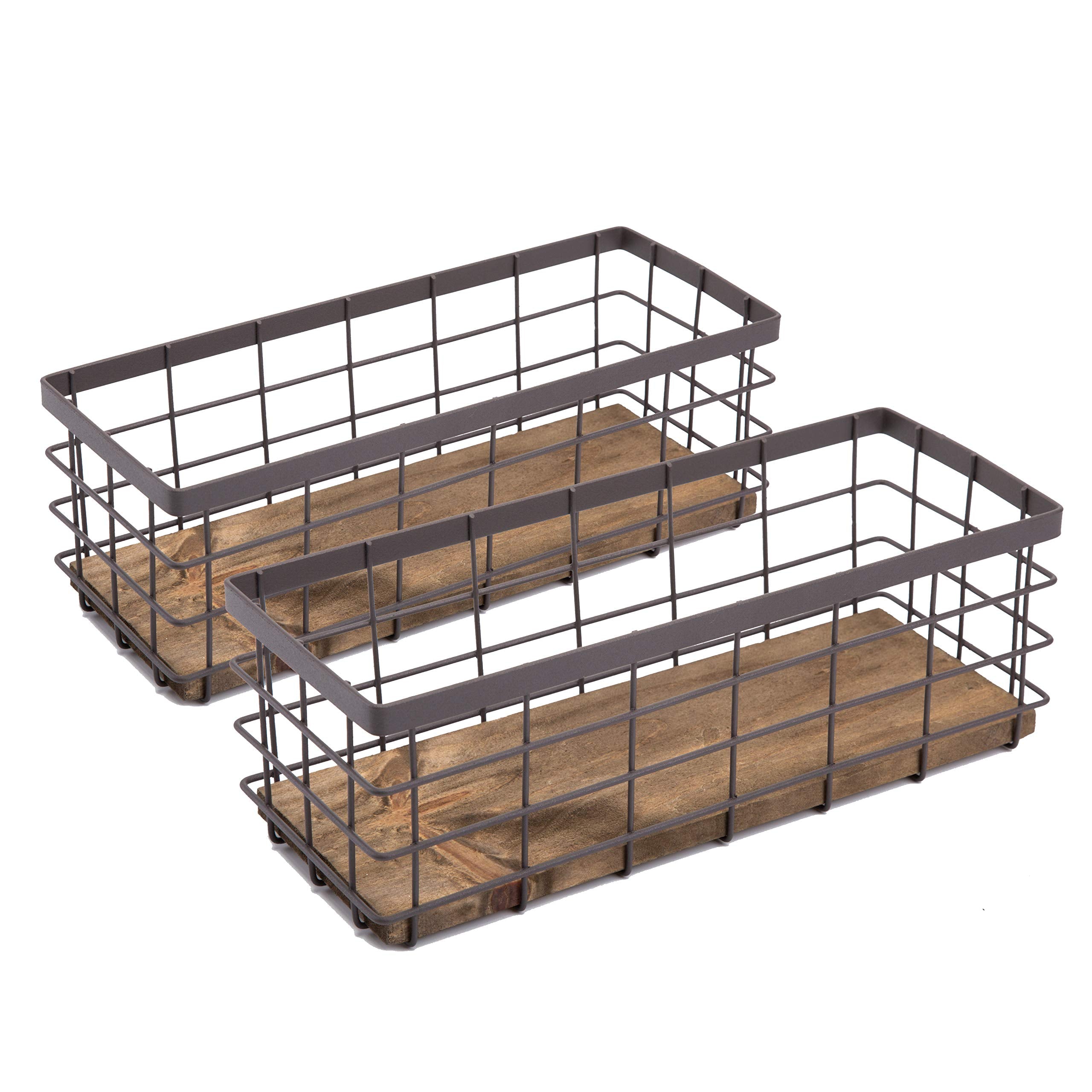 TIEYIPIN Small Metal Wire Storage Basket, Detachable Wood Base Storage Organizer Bin Basket for Kitchen Cabinets, Bathroom, Pantry, Garage, Laundry Room - Brown (2 Pack)