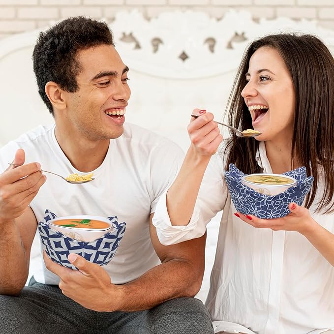 ROGITU Cotton Microwavable Bowl Cozy, Microwave-Safe Hot Bowl Holders, Soup bowl Cozy Hot Pads (Blue Series)