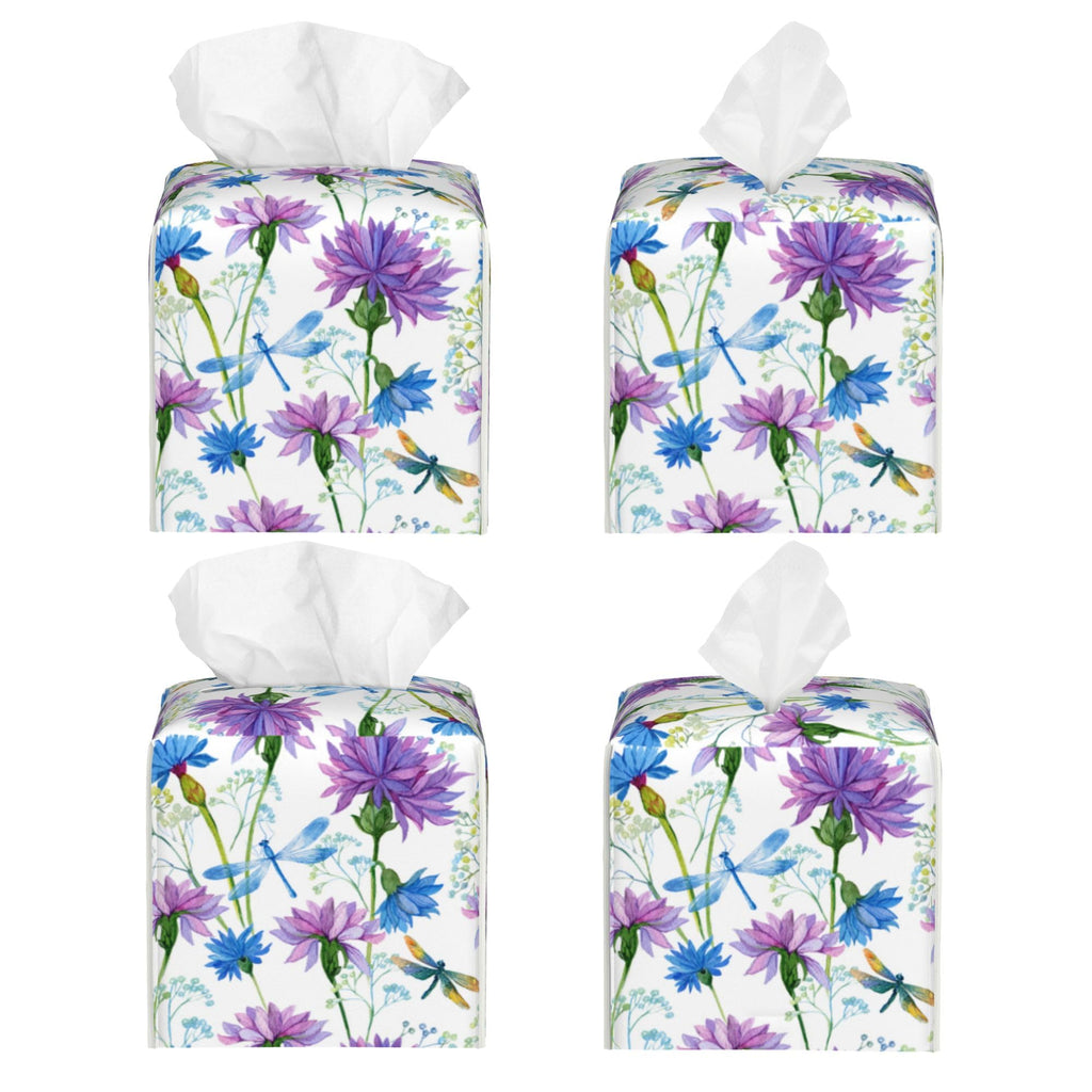Watercolor Flowers and Dragonflies Tissue Box Cover Square,Purple Blue Floral Tissue Box Holder Waterproof Leather Facial Paper Organizer Dispenser for Bathroom Home Car Nightstand Vanity Desk