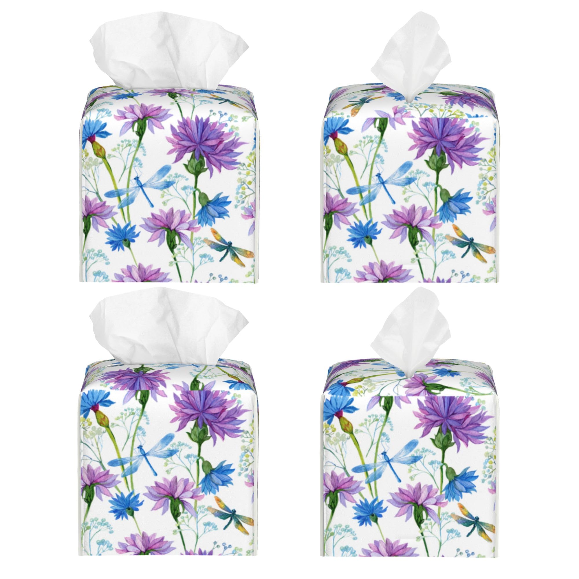 Watercolor Flowers and Dragonflies Tissue Box Cover Square,Purple Blue Floral Tissue Box Holder Waterproof Leather Facial Paper Organizer Dispenser for Bathroom Home Car Nightstand Vanity Desk