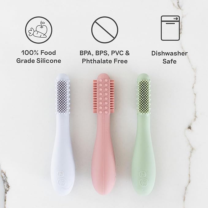 ezpz Baby-Led Toothbrush (Blush) - 3 Months + - 100% Silicone Infant Toothbrush with Sensory Bumps - Cleans Gums + New Teeth - Improves Hand-to-Mouth Coordination, Self-Feeding Skills