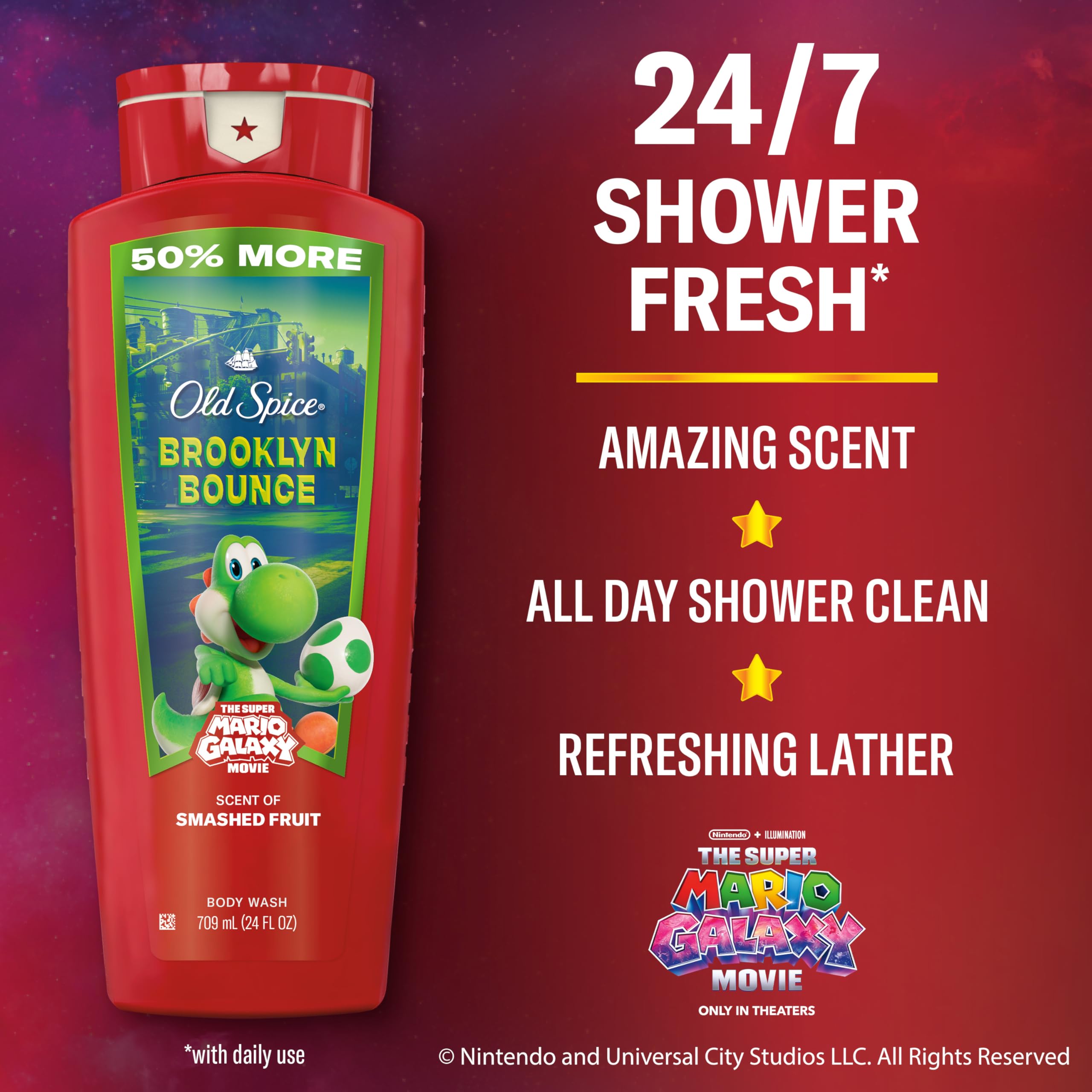 Old Spice Body & Face Wash for Men, x The Super Mario Galaxy Movie, 3X Defense, 24/7 Shower Fresh with Long Lasting Scent, Smell Super with Brooklyn Bounce, Smashed Fruit Scent, 24 oz