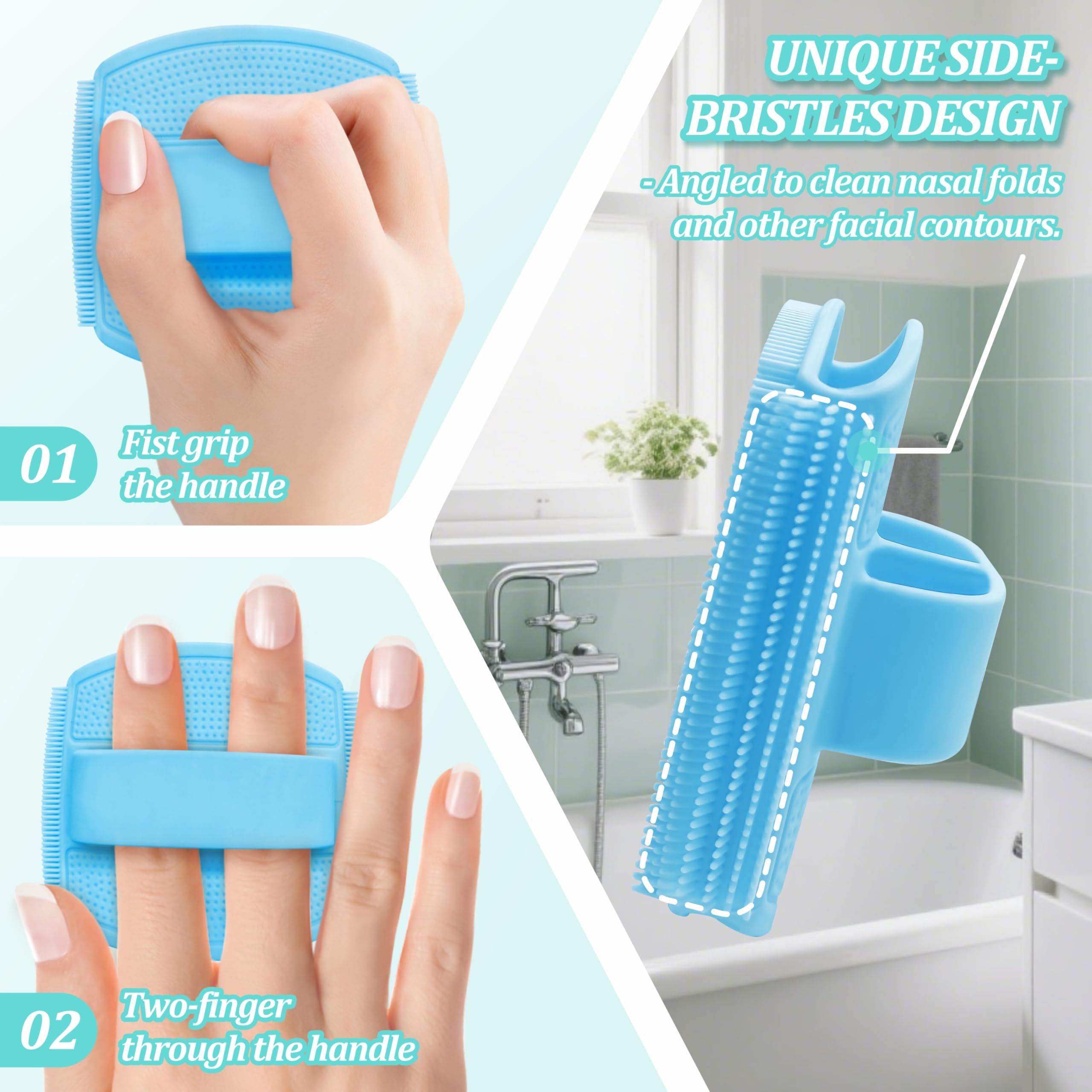 GEENOA Silicone Bath Glove & Face Scrubber Set 2PCS, 360° Anti-Slip & Hand-fit Body Scrubber for Rich Foaming Deep Cleaning, Unique Facial Scrubber with Side-bristles for Contoured Areas.(Blue)