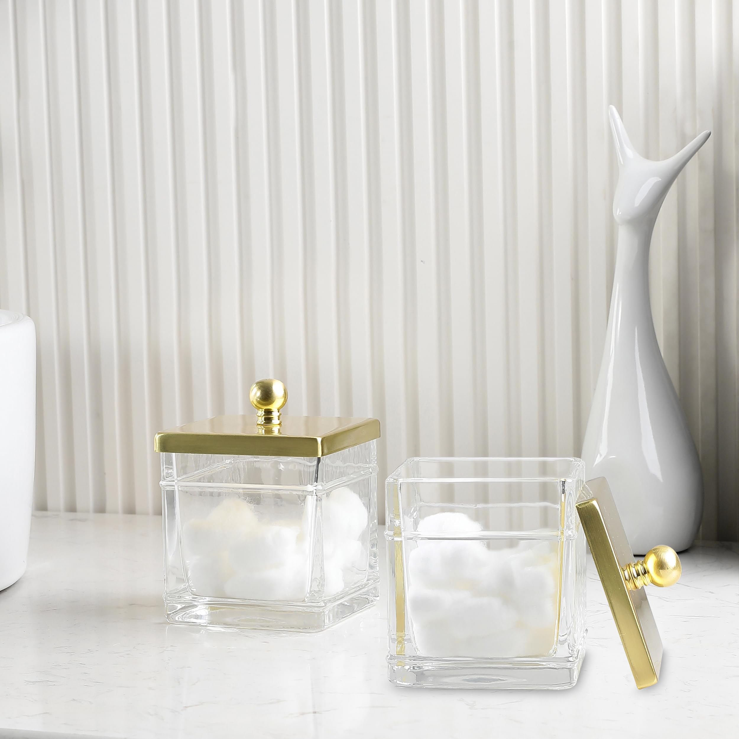 Indecor Home Glass Cotton Jar Holder 2 Pack– Brushed Gold Lid, Elegant Bathroom Storage Canister for Qtips, Cotton Balls, Floss, Makeup Organizer, Vanity & Bathroom Organization