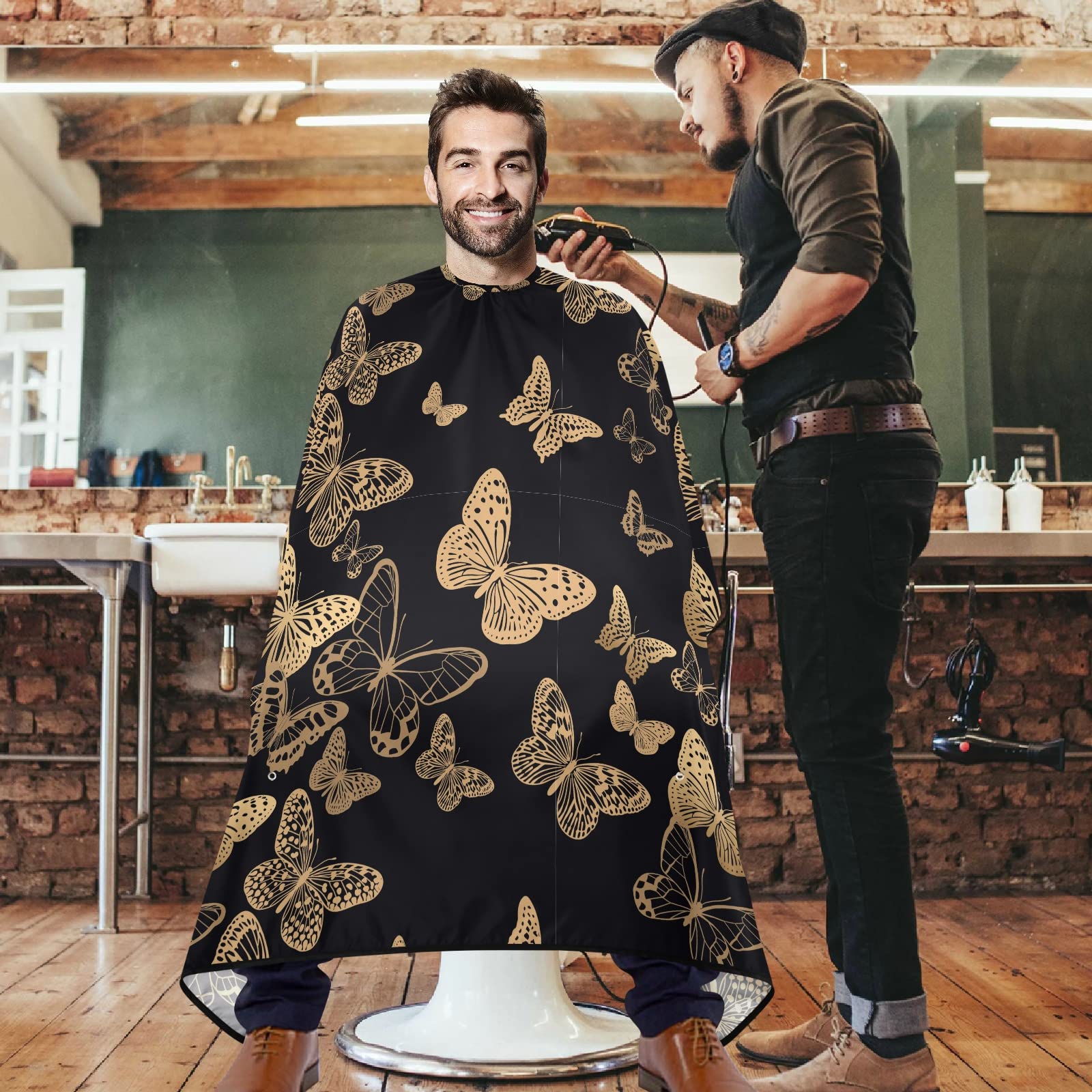 visesunny Barber Cape Black Gold Butterfly Polyester Hair Cutting Salon Cape Apron Anti-Static Haircut Water-Resistant Shaving Cloth Beard Shaving Bib Hairdressing Cape