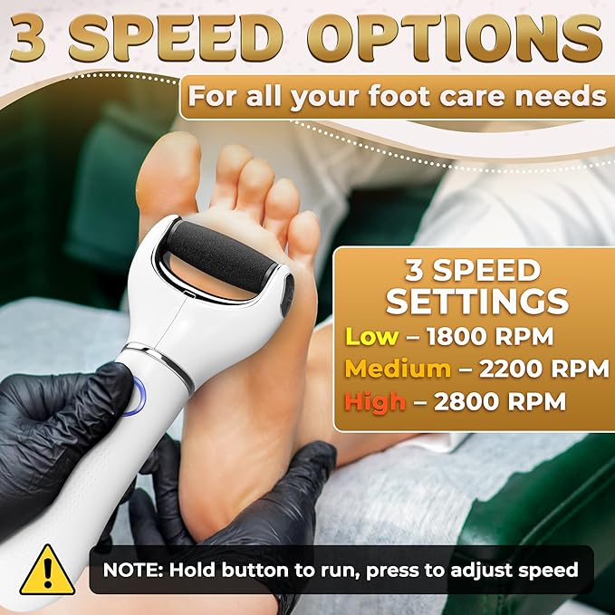 Electric Foot File Callus Remover – 3-Speed Foot Scrubber Electric (1800/2200/2800 RPM), Dry Skin Remover for Feet – 2 Replacement Rollers 80 & 60 Grit, 360° Precision Control & Easy-to-Clean Design