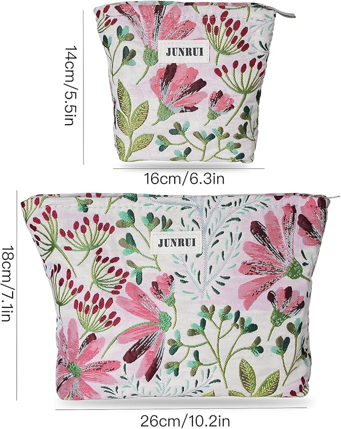 BOCGRPU Makeup Bag Small Cute Cosmetic Bags for Women，Floral Travel Toiletry Bag for Purse, Large Canvas Cosmetic Pouch Makeup Organizer Tool Pouch with Zipper（2Pcs Colorful Plant）