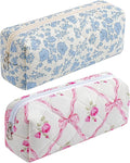 HHQQWZ Cute Floral Cotton Makeup Brush Cosmetic Bag for Women, Travel Quilted Zipper Make Up Bag, Flowers Toiletry Organizer Case Kawaii Makeup Cosmetic Travel Cloth Pouch (Blue+Pink Bowknot)