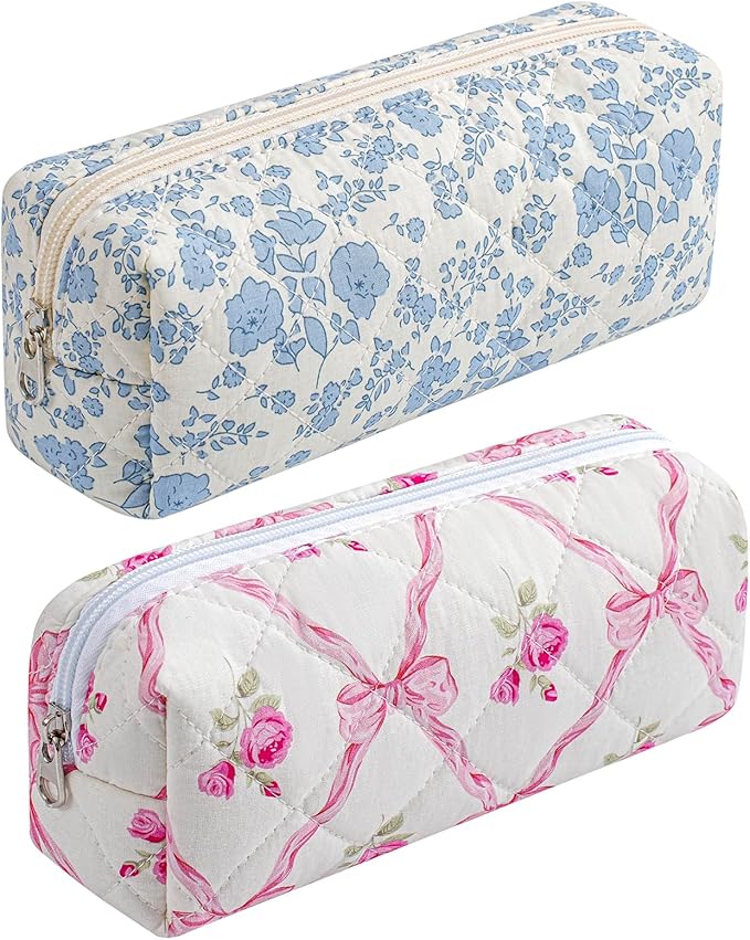 HHQQWZ Cute Floral Cotton Makeup Brush Cosmetic Bag for Women, Travel Quilted Zipper Make Up Bag, Flowers Toiletry Organizer Case Kawaii Makeup Cosmetic Travel Cloth Pouch (Blue+Pink Bowknot)