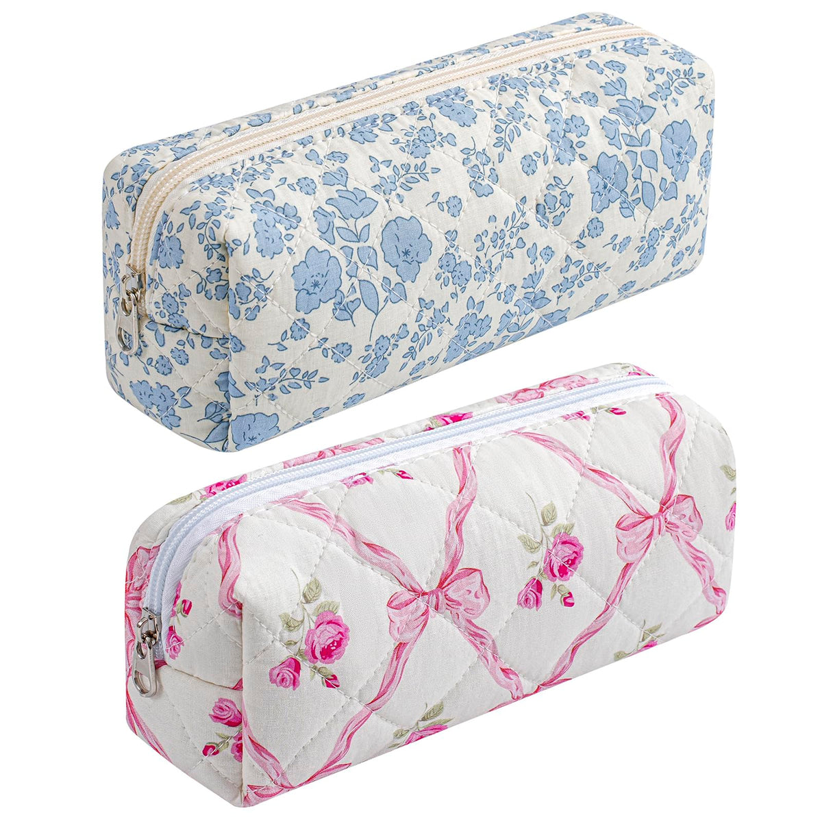 HHQQWZ Cute Floral Cotton Makeup Brush Cosmetic Bag for Women, Travel Quilted Zipper Make Up Bag, Flowers Toiletry Organizer Case Kawaii Makeup Cosmetic Travel Cloth Pouch (Pink Bowknot)