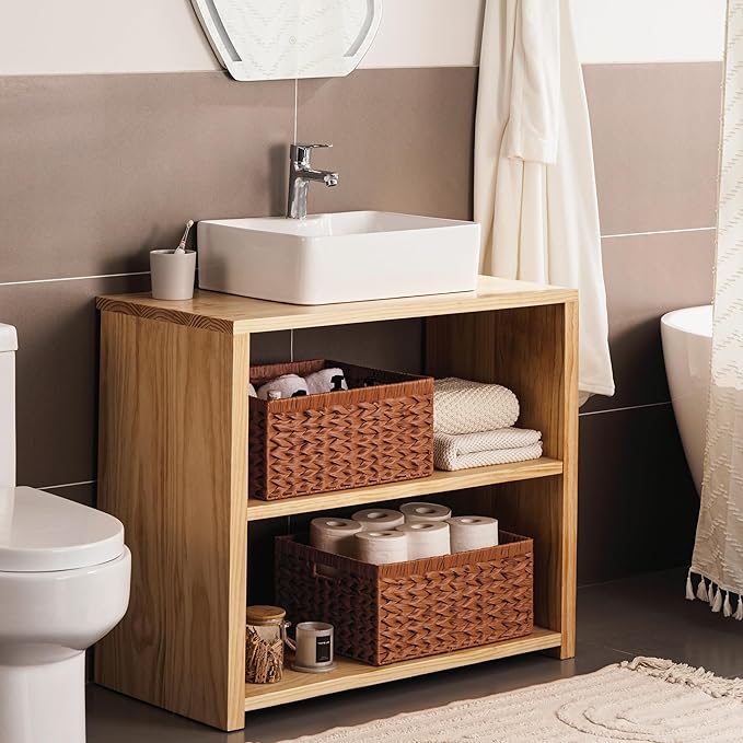 UBBCARE Storage Baskets with Label, Wicker Pantry Baskets for Shelves, Waterproof Woven Basket for Organizing, 2-Pack Plastic Rectangle Organizers with Handles,Light Brown (16.5L×13W×7.5H)