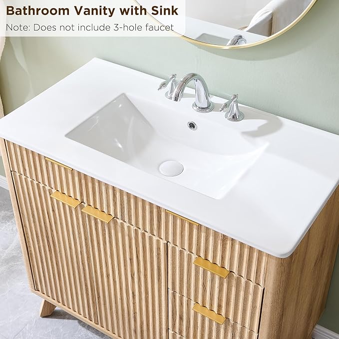 T4TREAM 36" Fluted Bathroom Vanity with Ceramic Sink Combo，Freestanding Modern Bathroom Storage Vanity Cabinet with 2 Soft Closing Doors & 3 Drawers，Wood Grain Texture，Metal Handle，Natural Oak