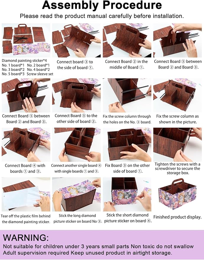 JZHYOAN DIY Flower Diamond Art Wooden Multi-Compartment Organiser Box with Handle Diamond Painting Cosmetic Storage Box for Adult Portable Wooden Storage Case for Storing Desktop Items