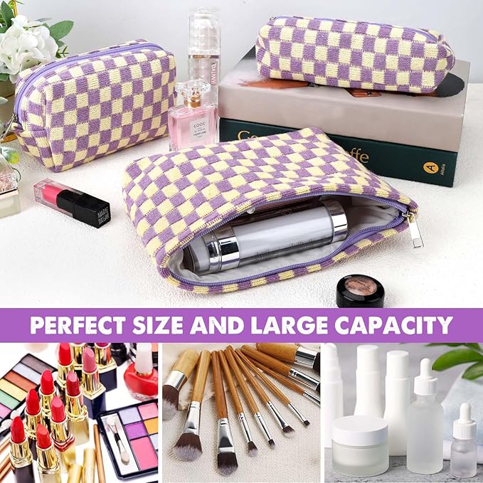 Gocvo 3 Pcs Makeup Bag Checkered Cosmetic Bag Large Capacity Traveling Toiletry Pounch Organizer Cute Makeup Brushes Aesthetic Accessories Storage Bag for Girls Women (Purple-White)