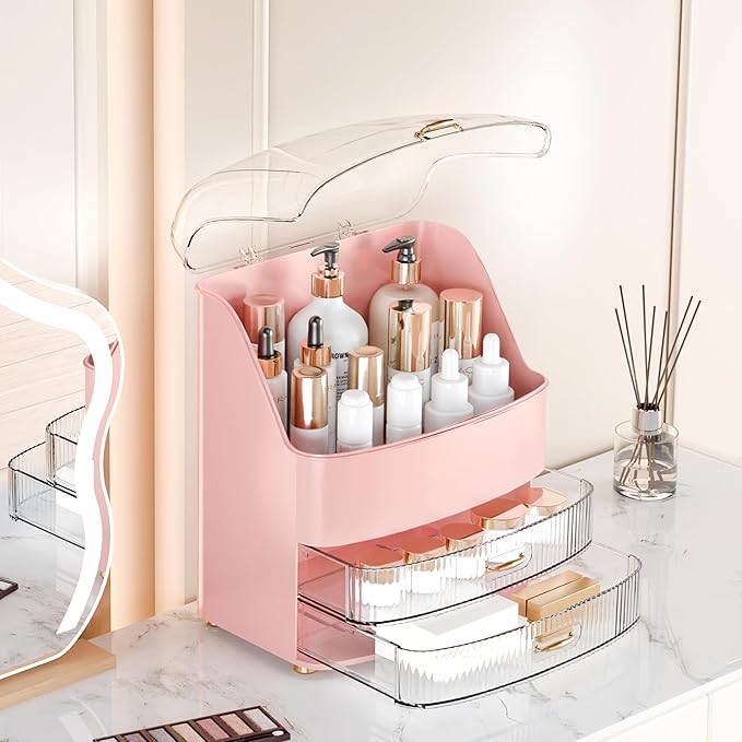 Plukers Makeup Organizer Countertop Vanity with Transparent Lid Drawers Waterproof Dustproof Cosmetic Skincare Bathroom Storage Gift for Women Teens Girls (Pink)