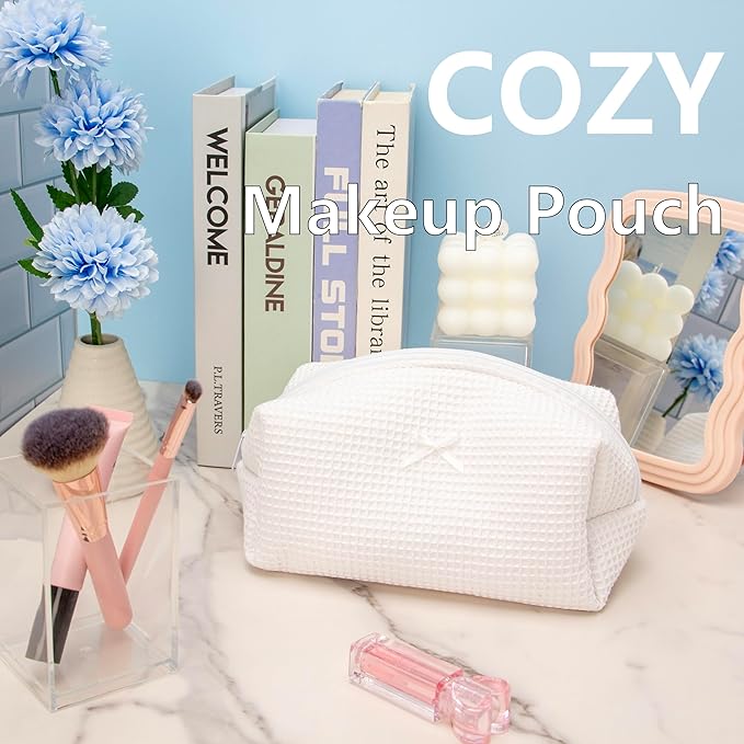 Cozy Makeup Bag for Women,Zipper Cosmetic Pouch,Waffle White,6 Pack