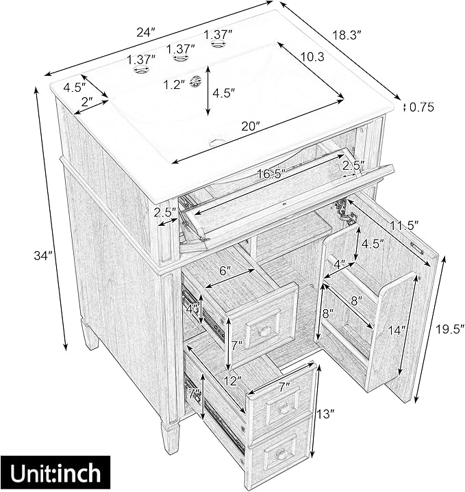 Harper & Bright Designs 24" Bathroom Vanity with Sink, Free Standing Single Basin Vanity Set with Tip-Out Drawer, 2 Drawers, and 2 Doors, Wood Bathroom Cabinet with Ceramic Basin for Bathroom, Wood