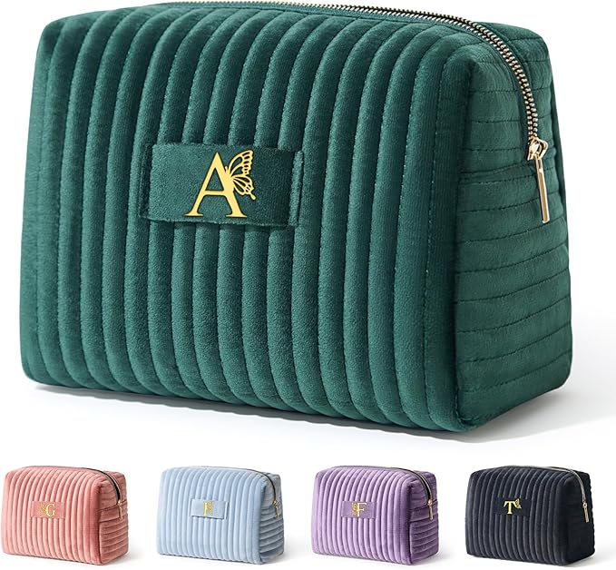 COSHAYSOO Mom Birthday Gift Ideas Mother of the Bride Gifts Mothers Day Gift for Mama New Mommy from Daughter, Travel Makeup Bag Quilted Make Up Cosmetic Pouch Velvet Monogram Green Initial Letter A