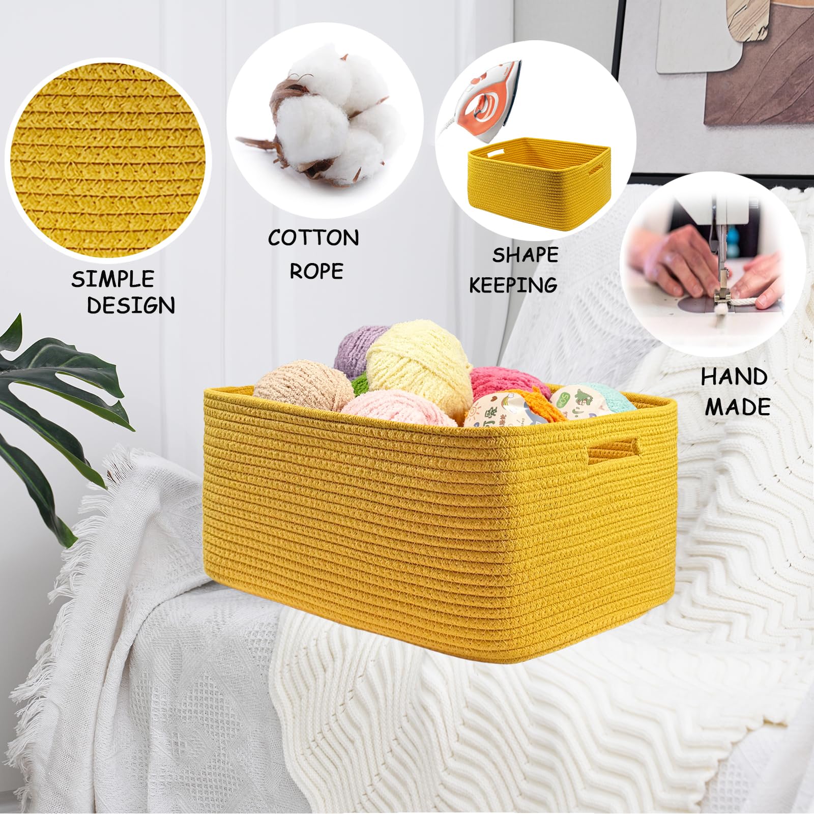 COMFY-HOMI Cotton Rope Woven Basket with Handles for Shelves,Toys,Book, Cloth Storage Baskets Bin for Organizing- 1 PCSToy Decorative Organizer for Living Room, Bathroom 17" x 13" x 7.5"