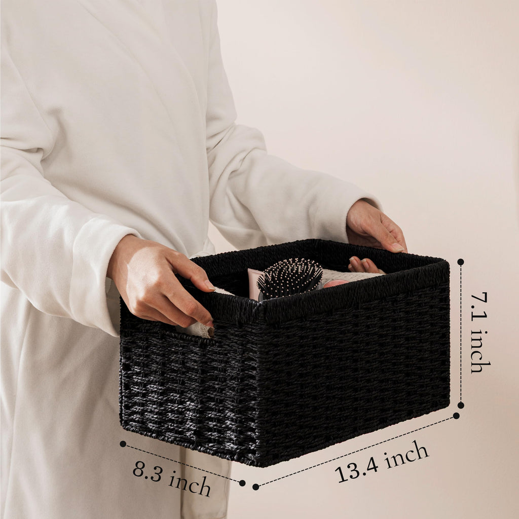 UBBCARE 2 Pack Wicker Basket, 13.4L×8.3H×7.1W inch Woven Paper Rope Storage Baskets for Shelves, Foldable Rectangular Storage Baskets with Handle, Storage Basket for Organizing, Black