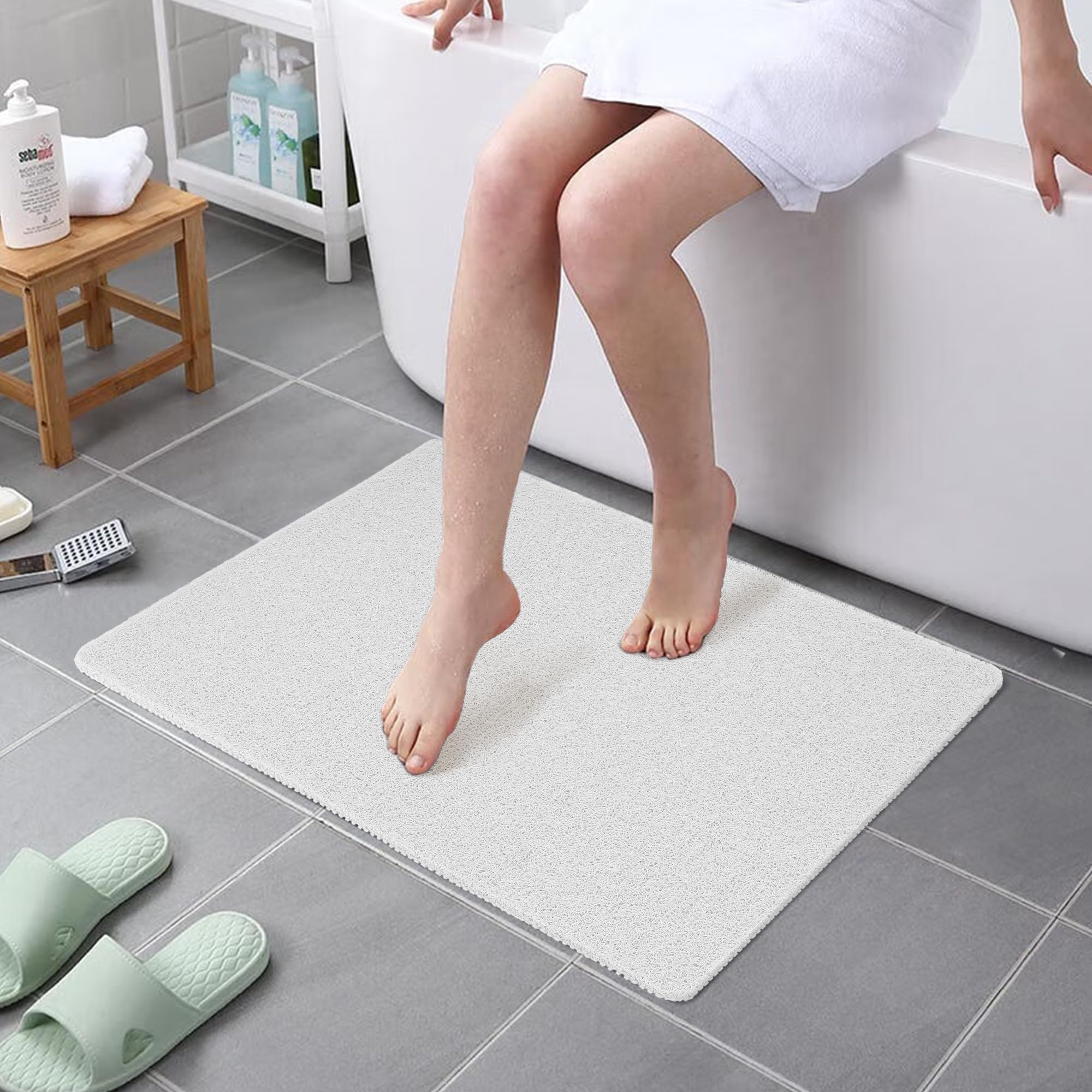 HITSLAM Shower mat Non Slip, 24 x 32 Inch Bathtub Mat Non Slip with Drain, Soft PVC Loofah Shower Bath Mat for Tub, Quick Drying Bathroom Shower Mat, White