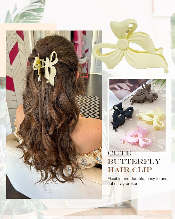 4 PCS Bow Hair Clips Bow Claw Clip for Women, Large Hair Claw Clips for Thin Thick Long Hair Cute Nonslip Bows (Black+Light Brown+Off-White+Light Pink)