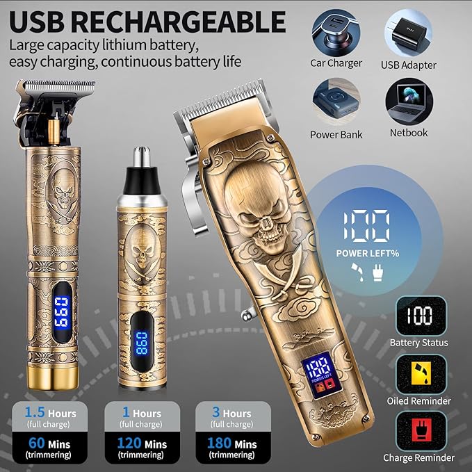 Roziapro Professional Hair Clippers for Men, Hair Trimmer for Haircut Cordless Hair Clippers Set with Rechargeable Nose Hair Trimmer, Gifts for Men (Gold)