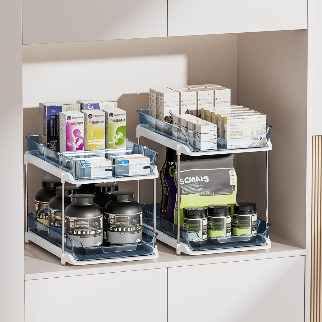 Delamu 2-Tier Multi-Purpose Bathroom Under Sink Organizers and Storage, Stackable Kitchen Pantry Organization, Pull Out Medicine Cabinet Organizer with Movable Dividers, Blue, 2 Pack