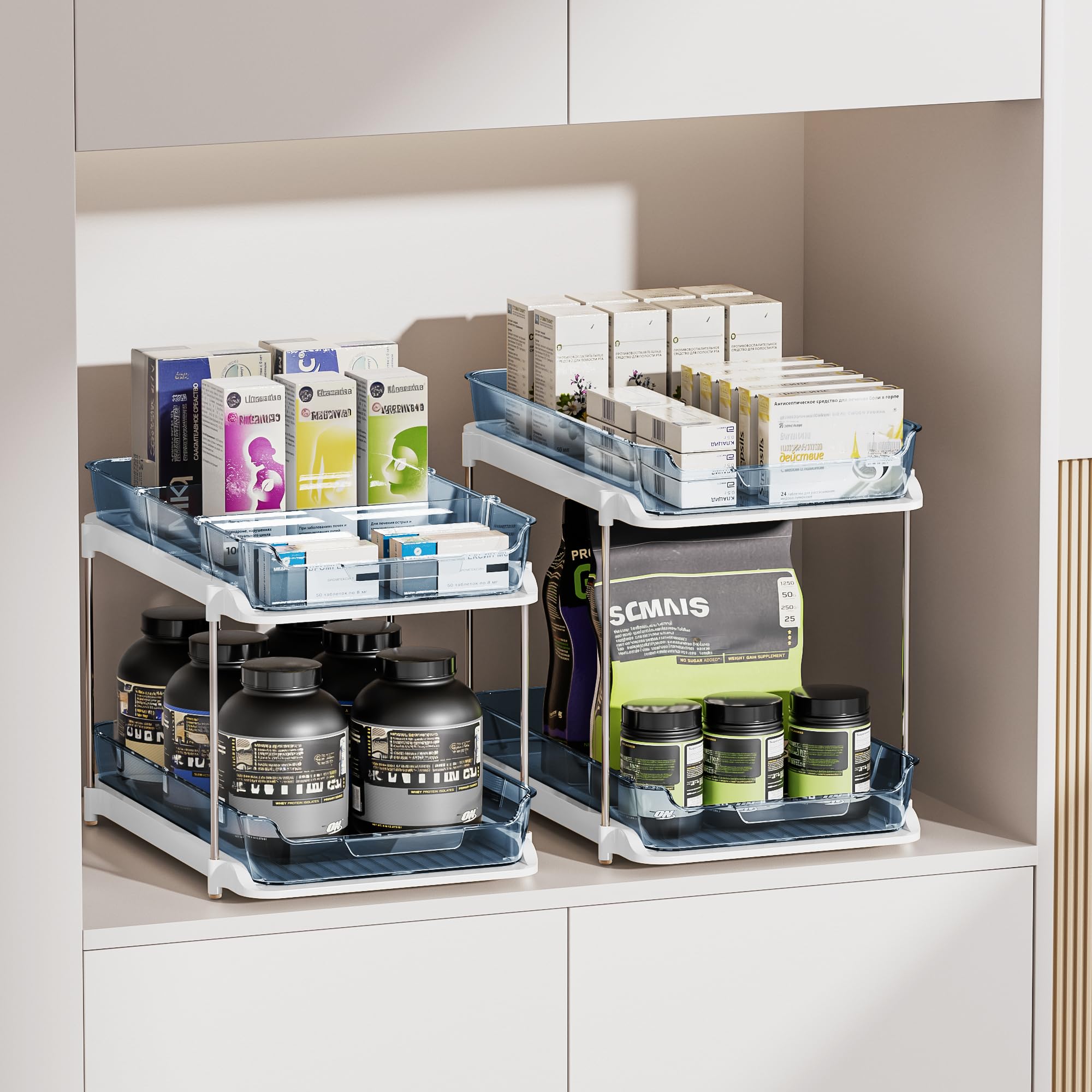 Delamu 2-Tier Multi-Purpose Bathroom Under Sink Organizers and Storage, Stackable Kitchen Pantry Organization, Pull Out Medicine Cabinet Organizer with Movable Dividers, Blue, 2 Pack