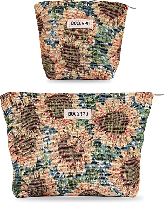 BOCGRPU 2 PCS Makeup Bag Set，Portable Cosmetic Bag for Purse ，Large Storage Capacity Toiletry Bag Make up Organizer，Travel Pouch with Zipper for Women, (Sunflower Oil Painting)
