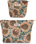 BOCGRPU 2 PCS Makeup Bag Set，Portable Cosmetic Bag for Purse ，Large Storage Capacity Toiletry Bag Make up Organizer，Travel Pouch with Zipper for Women, (Sunflower Oil Painting)