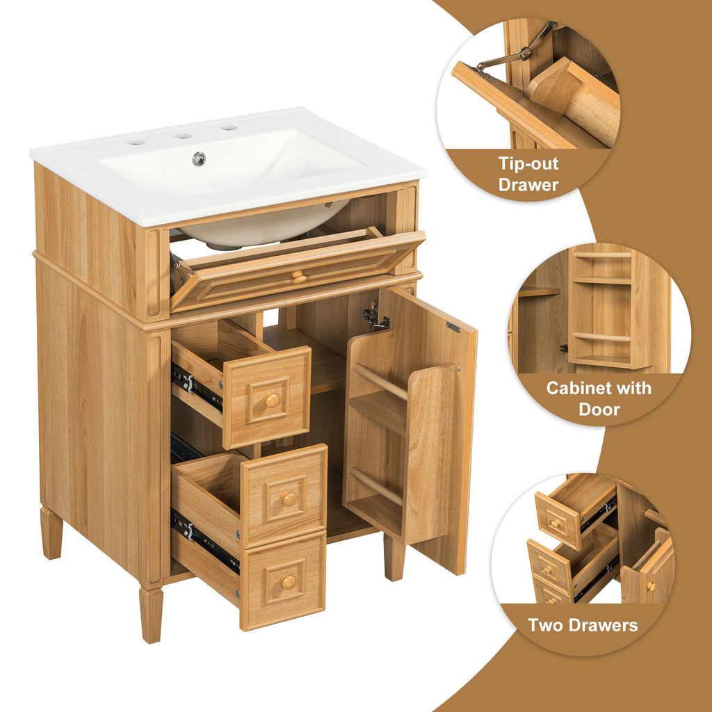 Harper & Bright Designs 24" Bathroom Vanity with Sink, Free Standing Single Basin Vanity Set with Tip-Out Drawer, 2 Drawers, and 2 Doors, Wood Bathroom Cabinet with Ceramic Basin for Bathroom, Wood